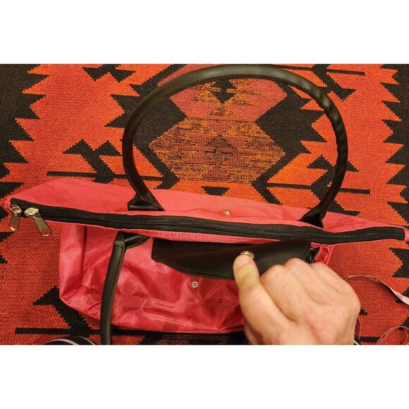 Longchamp-Inspired Hot Pink Tote Bag Black Leather Accents & Snap & Zip Closure - Picture 7 of 9